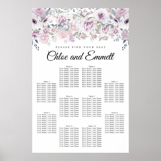 Paarse White Floral 10-Table Wedding Seating Chart Poster (Voorkant)