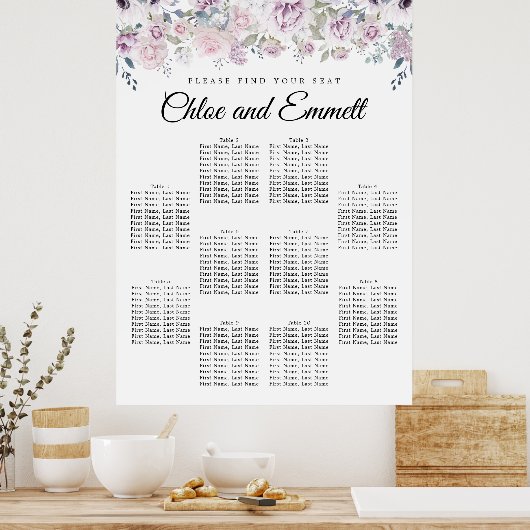 Paarse White Floral 10-Table Wedding Seating Chart Poster (Keuken)