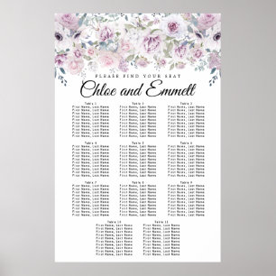 Paarse White Floral 11-Table Wedding Seating Chart Poster