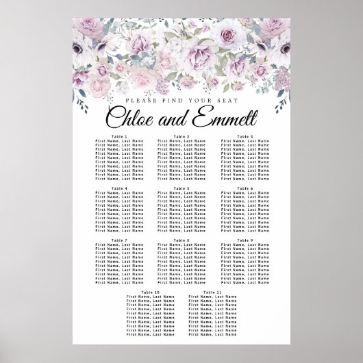 Paarse White Floral 11-Table Wedding Seating Chart Poster (Voorkant)