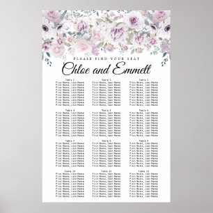 Paarse White Floral 12-Table Wedding Seating Chart Poster