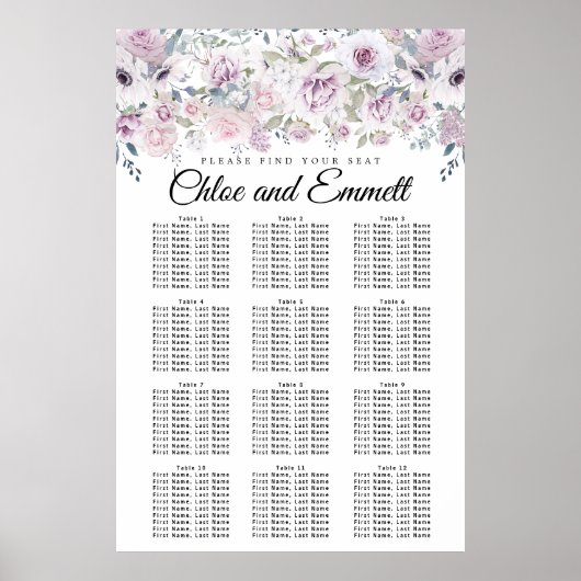 Paarse White Floral 12-Table Wedding Seating Chart Poster (Voorkant)