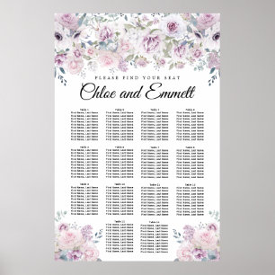 Paarse White Floral 14-Table Wedding Seating Chart Poster