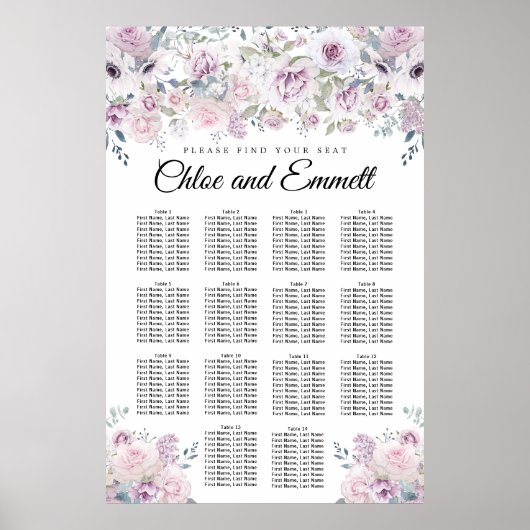Paarse White Floral 14-Table Wedding Seating Chart Poster (Voorkant)