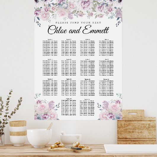 Paarse White Floral 14-Table Wedding Seating Chart Poster (Keuken)