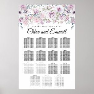 Paarse White Floral 15-Table Wedding Seating Chart Poster