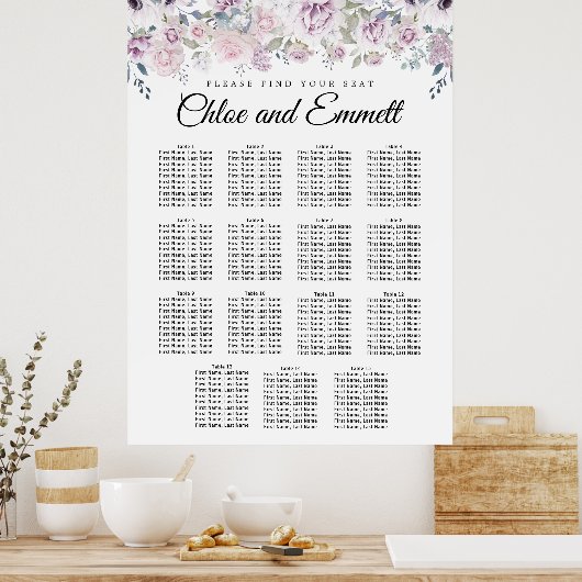 Paarse White Floral 15-Table Wedding Seating Chart Poster (Keuken)