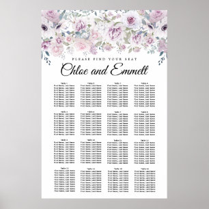 Paarse White Floral 16-Table Wedding Seating Chart Poster