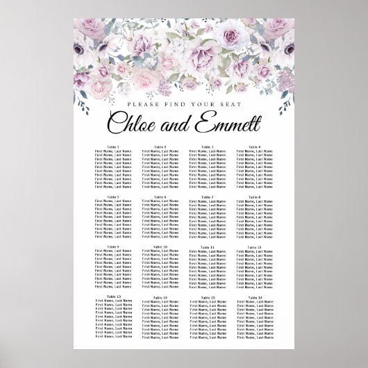 Paarse White Floral 16-Table Wedding Seating Chart Poster (Voorkant)