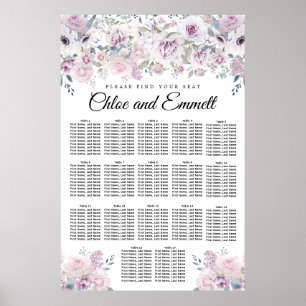 Paarse White Floral 17-Table Wedding Seating Chart Poster
