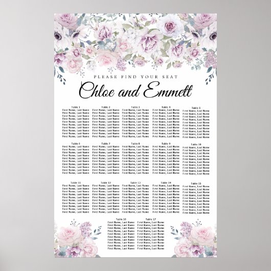 Paarse White Floral 17-Table Wedding Seating Chart Poster (Voorkant)