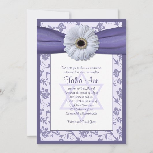 Paarse White Floral Damask Bat Mitzvah Uitnodiging (Voorkant)