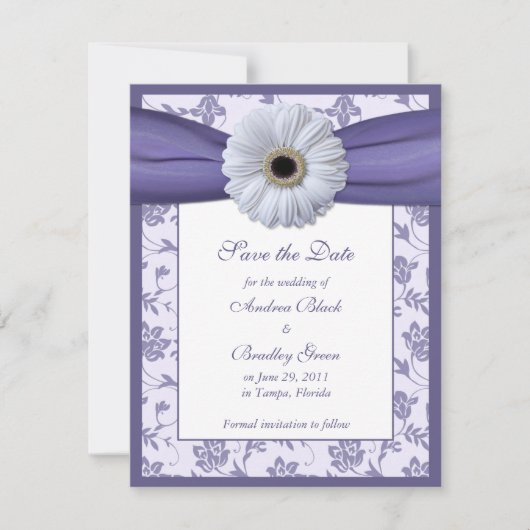 Paarse White Floral Damask Save the Date Kaart (Voorkant)