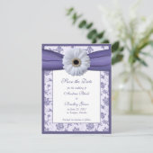 Paarse White Floral Damask Save the Date Kaart (Staand voorkant)