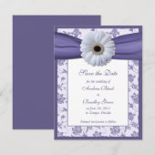 Paarse White Floral Damask Save the Date Kaart (Voorkant / Achterkant)