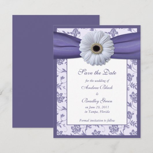 Paarse White Floral Damask Save the Date Kaart (Voorkant / Achterkant)