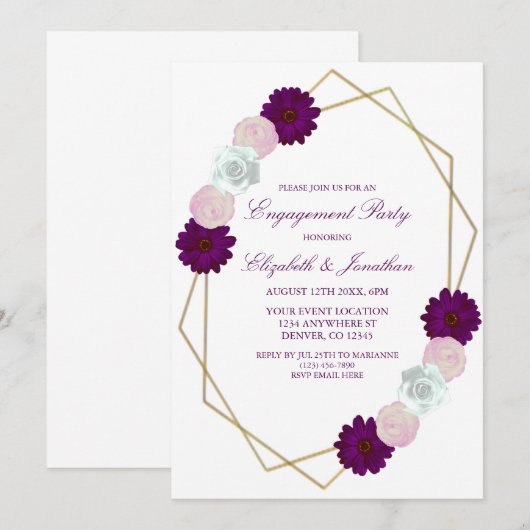 Paarse White Floral Geometric Engagement Party Kaart (Voorkant / Achterkant)