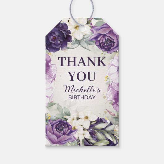Paarse White Floral Glitter Birthday Hartelijk dan Cadeaulabel (Voorkant)
