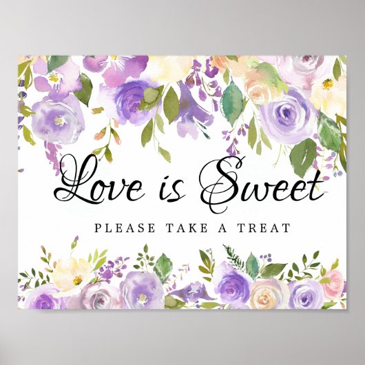 Paarse White Floral Wedding Dessert Bar Sign Poster (Voorkant)