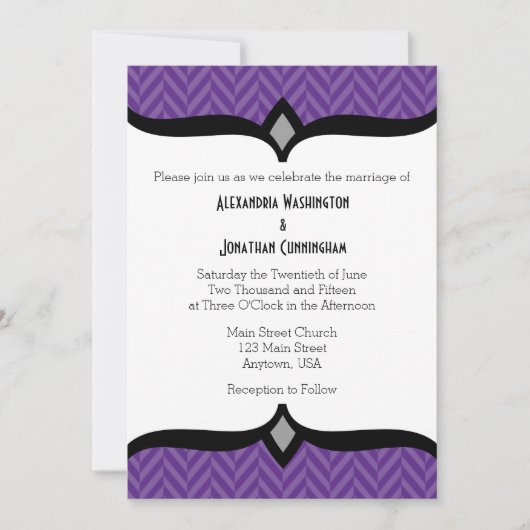 Paarse White Herringbone Wedding Invitation Kaart (Voorkant)