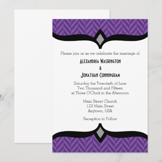 Paarse White Herringbone Wedding Invitation Kaart (Voorkant / Achterkant)