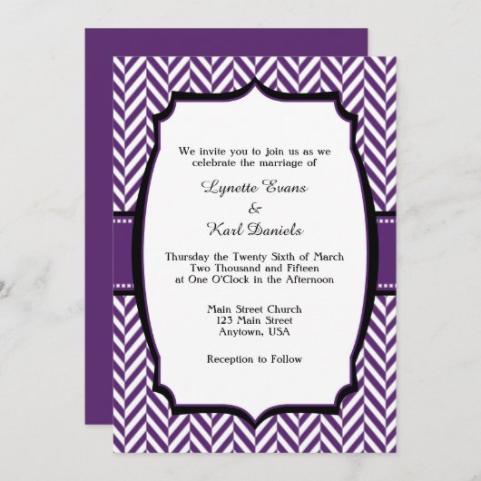 Paarse White Herringbone Wedding Invitation Kaart (Voorkant / Achterkant)