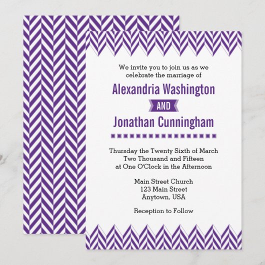 Paarse White Herringbone Wedding Invitation Kaart (Voorkant / Achterkant)