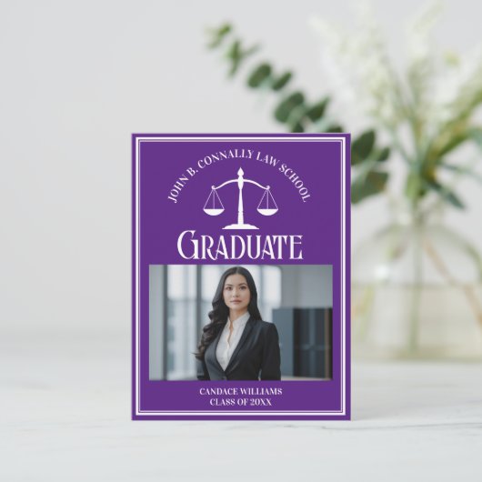 Paarse White Law School Foto Afstuderen Aankondigingskaart (Staand voorkant)