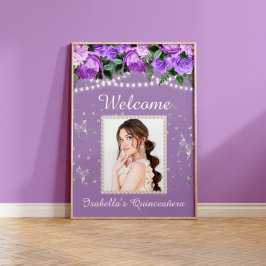 Paarse White Pearls Quinceañera Foto Welkomstnaam Poster