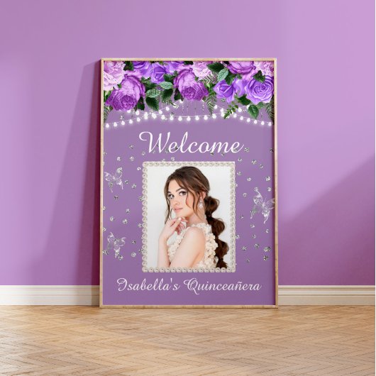 Paarse White Pearls Quinceañera Foto Welkomstnaam Poster