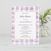Paarse White Plaid Stripes Baby shower Kaart (Staand voorkant)