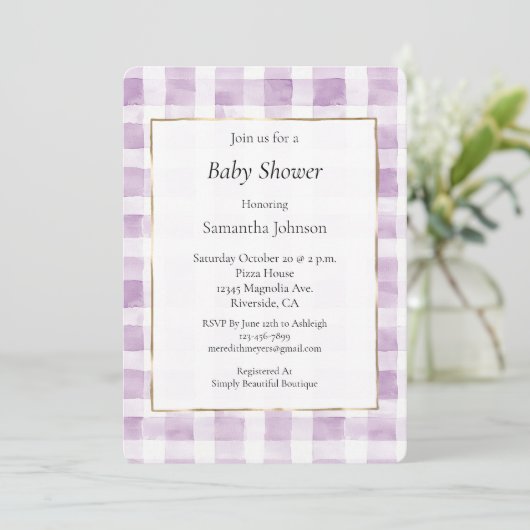 Paarse White Plaid Stripes Baby shower Kaart (Staand voorkant)
