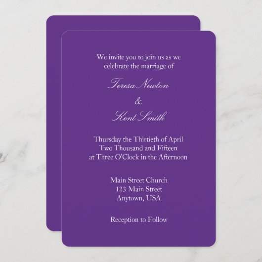 Paarse White Plain Simple Wedding Invitation Kaart (Voorkant / Achterkant)