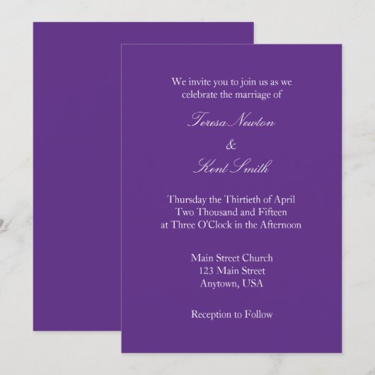Paarse White Plain Simple Wedding Invitation Kaart (Voorkant / Achterkant)
