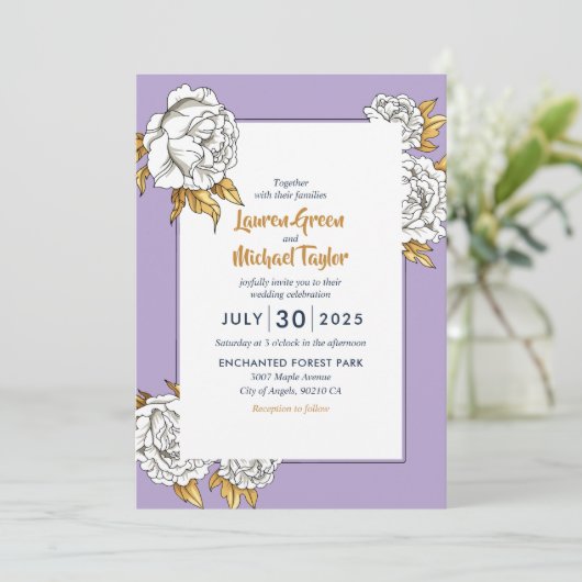 Paarse White Rose Carnance Spring Floral Wedding Kaart (Staand voorkant)