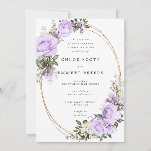 Paarse White Rose Floral Waterolor Wedding Kaart (Voorkant)