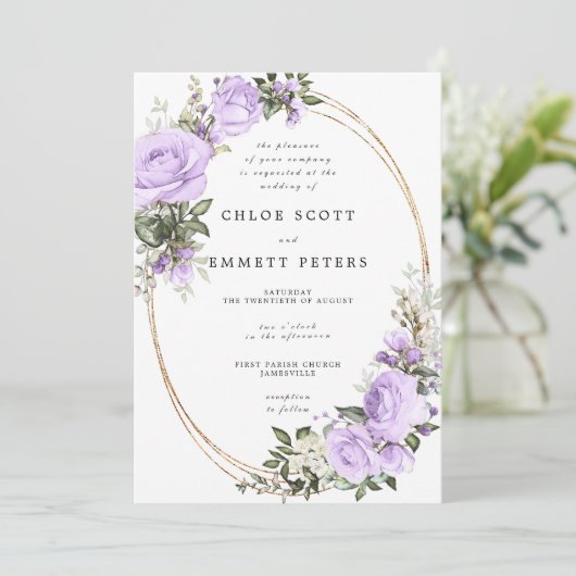 Paarse White Rose Floral Waterolor Wedding Kaart (Staand voorkant)