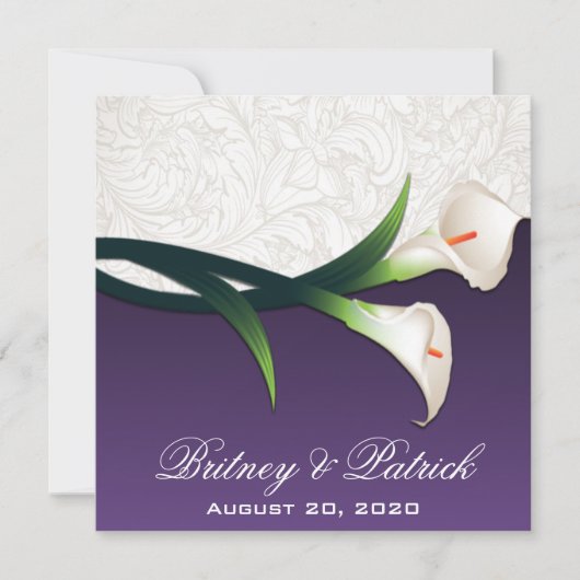 Paarse White Silver Calla Lily Wedding Invitations Kaart (Voorkant)