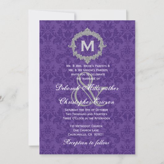 Paarse White Silver Monogram Wedding V021 Kaart (Voorkant)