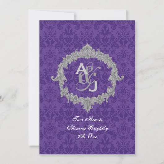 Paarse White Silver  Monogram Wedding V021 Kaart (Achterkant)