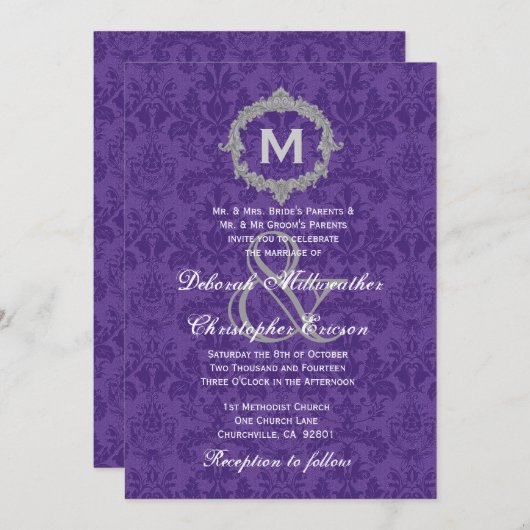 Paarse White Silver Monogram Wedding V021 Kaart (Voorkant / Achterkant)