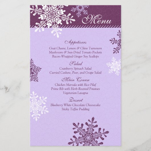 Paarse White Snowflakes Winter Wedding Menu Kaart (Voorkant)