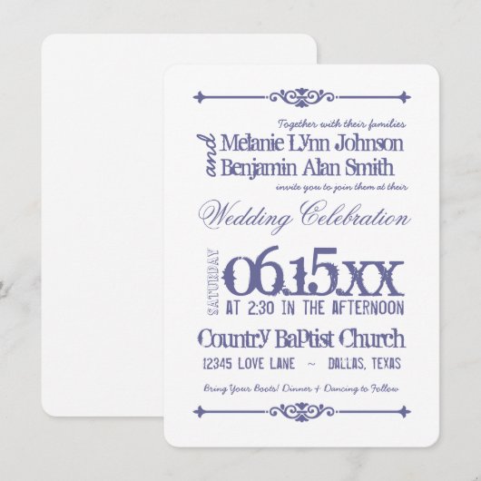 Paarse White Typography Wedding Invitations Kaart (Voorkant / Achterkant)