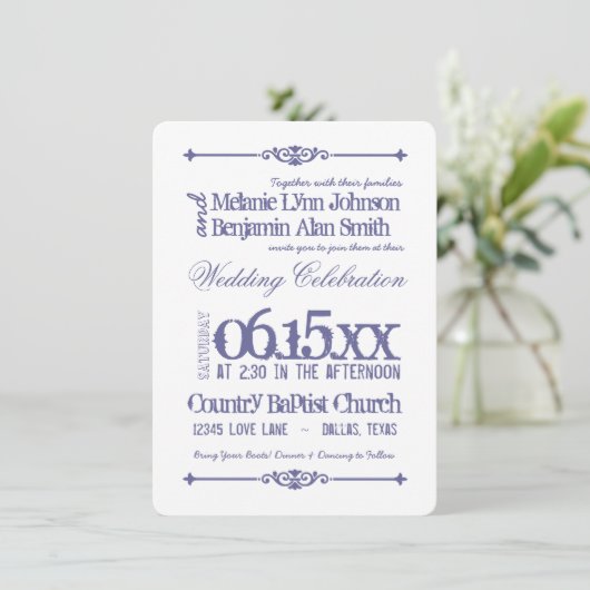 Paarse White Typography Wedding Invitations Kaart (Staand voorkant)