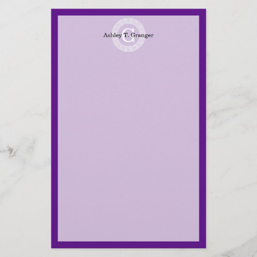 Paarse Wht Grieks Sleutel Rnd Lijst Initiaal Monog Briefpapier (Voorkant)