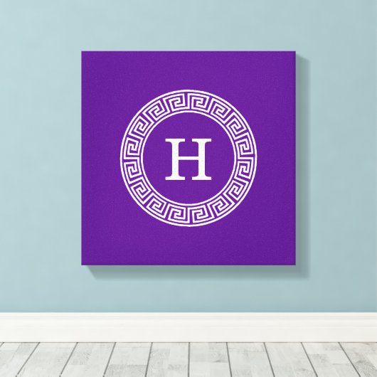 Paarse Wht Grieks Sleutel Rnd Lijst Initiaal Monog Canvas Afdruk (Insitu (Houten vloer))