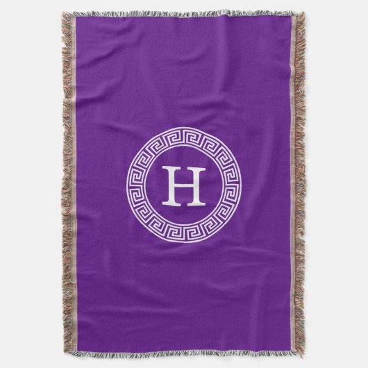 Paarse Wht Grieks Sleutel Rnd Lijst Initiaal Monog Deken (Voorkant Verticaal)