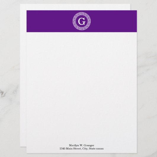 Paarse Wht Grieks Sleutel Rnd Lijst Initiaal Monog Gepersonaliseerd Briefhoofd (Voorkant / Achterkant)
