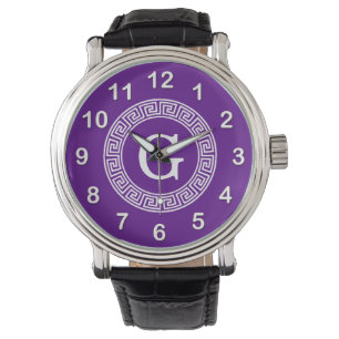 Paarse Wht Grieks Sleutel Rnd Lijst Initiaal Monog Horloge