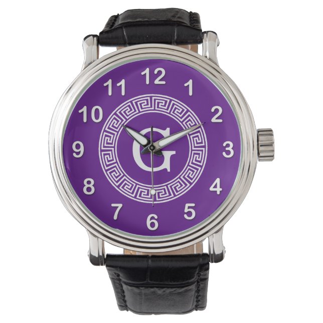 Paarse Wht Grieks Sleutel Rnd Lijst Initiaal Monog Horloge (Voorkant)